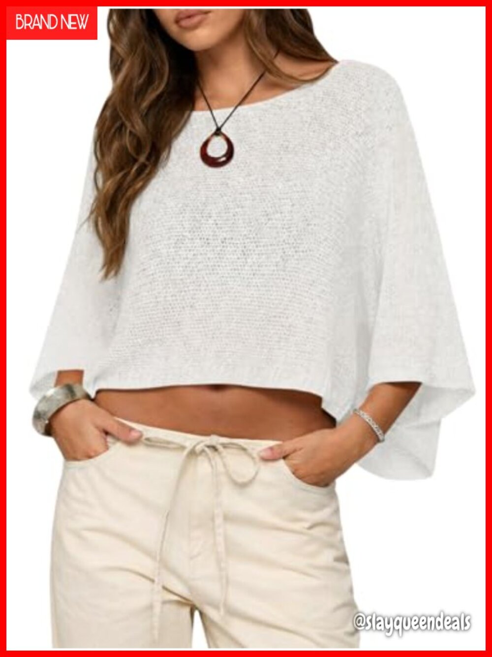 Crochet Knit Cover Up Top Batwing Sleeve Sheer Crop Poncho